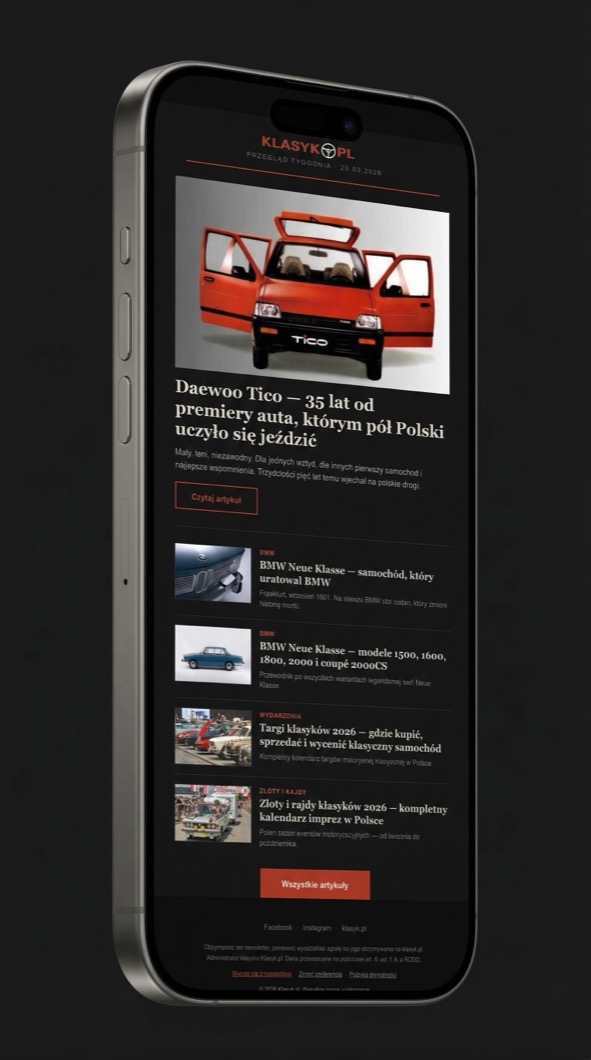 Wydanie newslettera klasyk.pl na ekranie telefonu