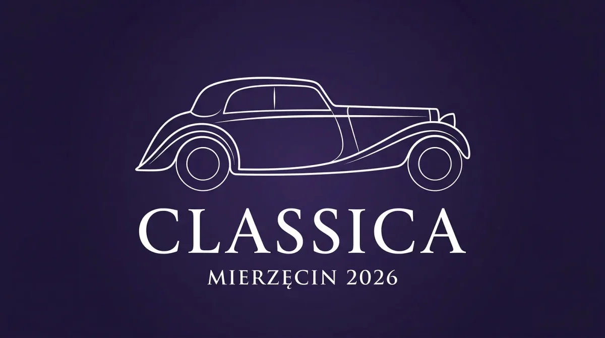 Minimalistyczna ilustracja eventowa Classica Mierzecin 2026 — sylwetka przedwojennego klasyka na fioletowym tle