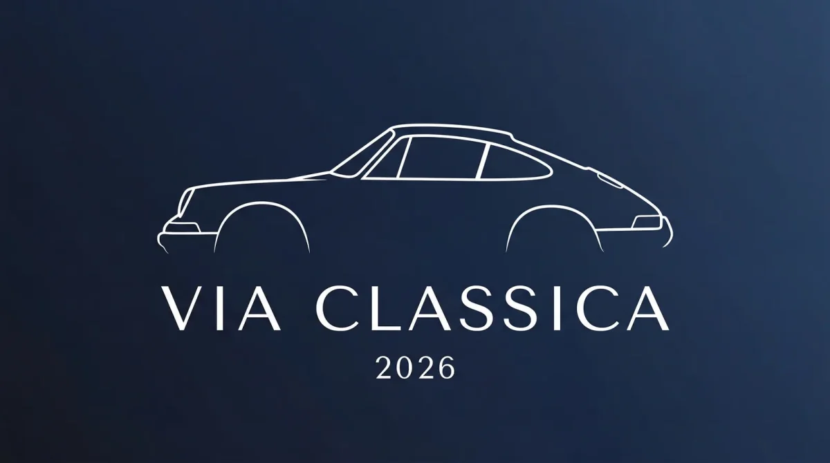 Minimalistyczna ilustracja eventowa VIA Classica 2026 — sylwetka klasycznego samochodu sportowego na ciemnym tle z nazwą wydarzenia