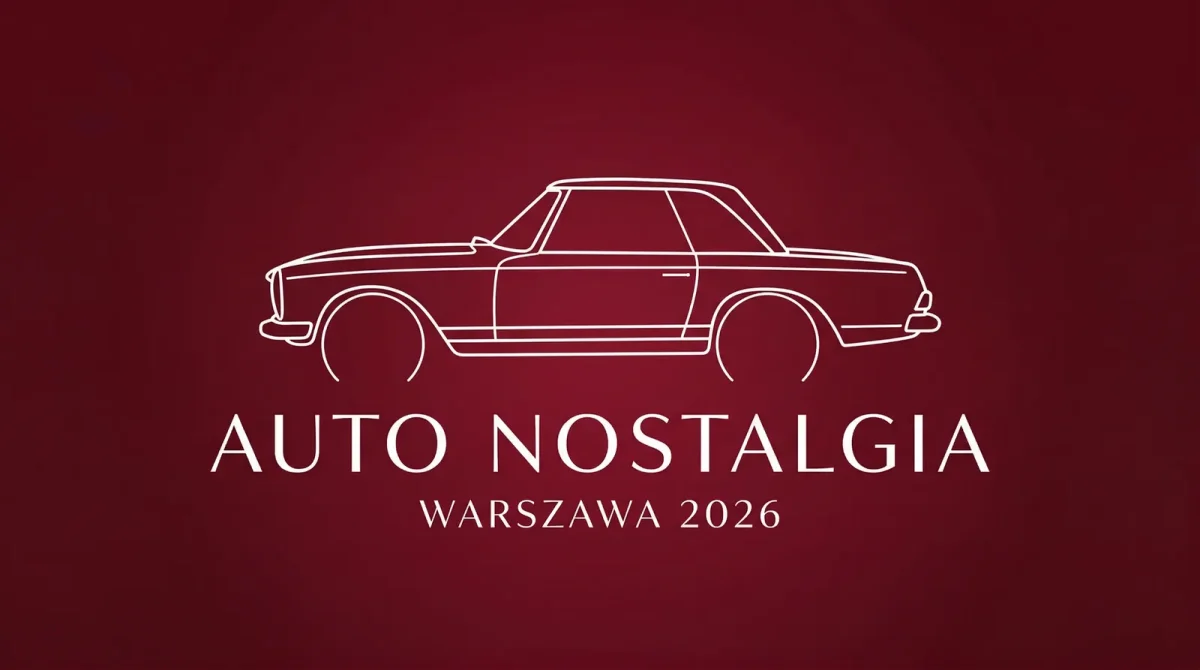 Minimalistyczna ilustracja eventowa Auto Nostalgia Warszawa 2026 — sylwetka klasycznego sedana na burgundowym tle z nazwą wydarzenia