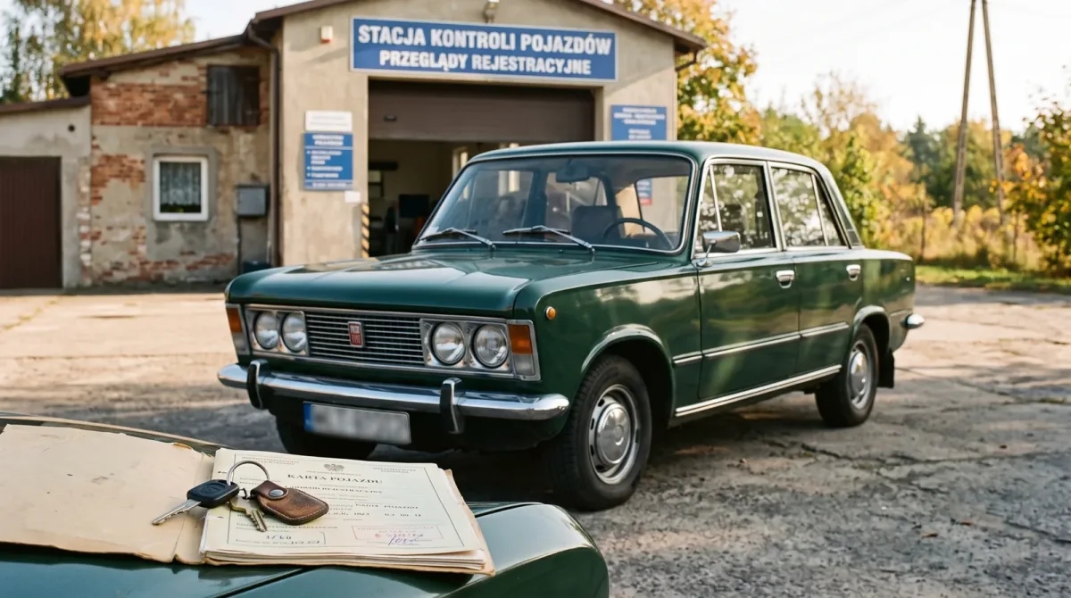 Zielony Fiat 125p przed stacją kontroli pojazdów — na błotniku karta pojazdu i kluczyki. Rachunek za żółte tablice zaczyna się jeszcze przed badaniem.