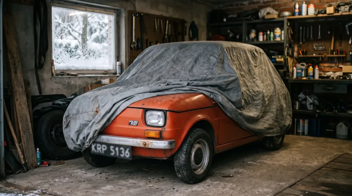 Fiat 126p pod pokrowcem w domowym garażu, za oknem śnieg. Sezon skończony — a OC wciąż tyka, chyba że wybrałeś polisę krótkoterminową.