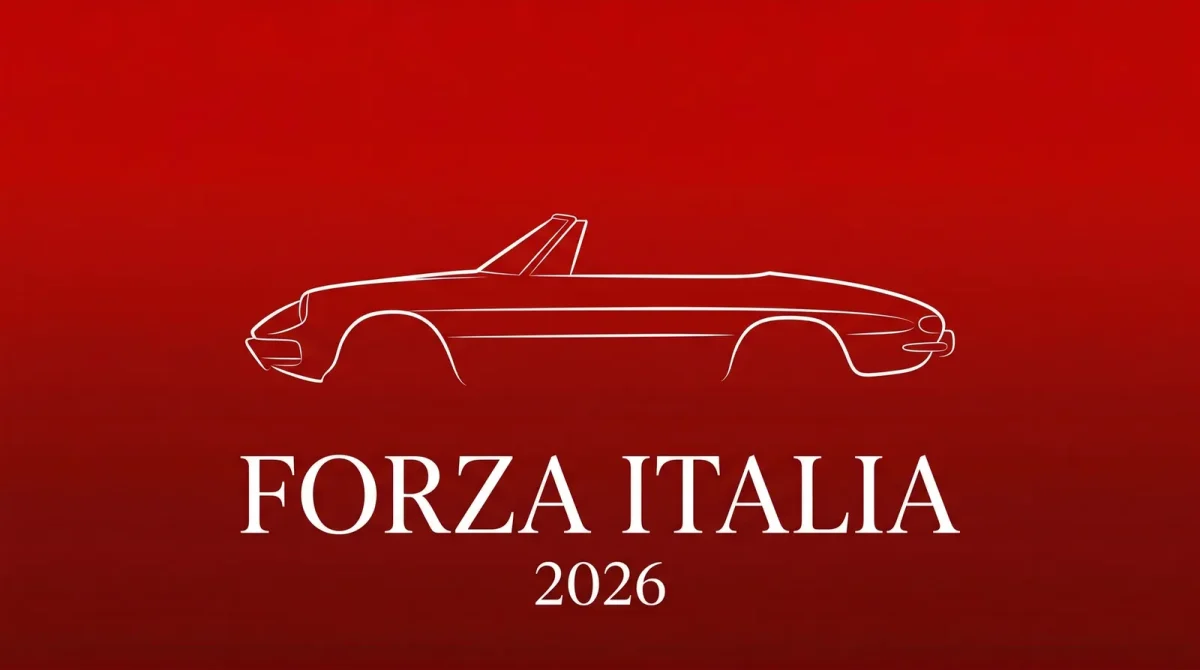 Minimalistyczna ilustracja eventowa Forza Italia 2026 — sylwetka wloskiego kabrioletu na czerwonym tle