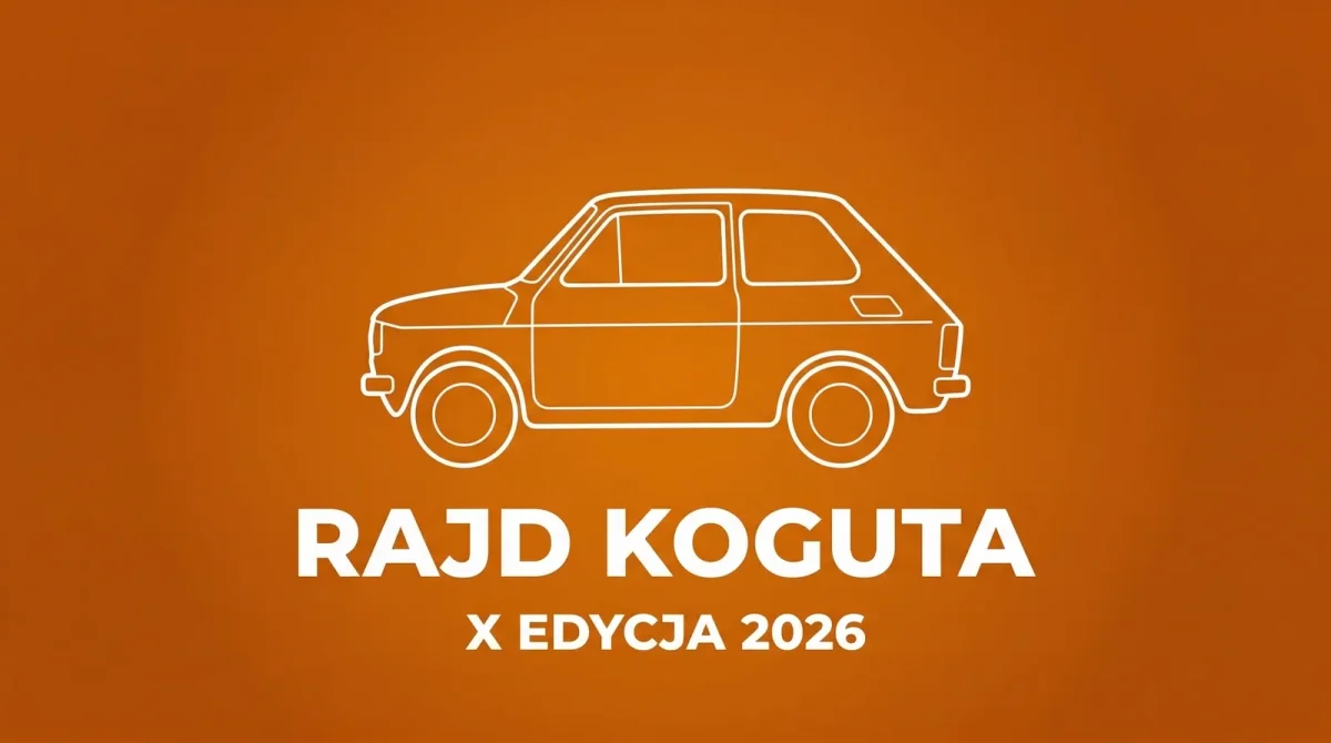 Minimalistyczna ilustracja eventowa Rajd Koguta X edycja 2026 — sylwetka Fiata 126p na pomaranczowym tle