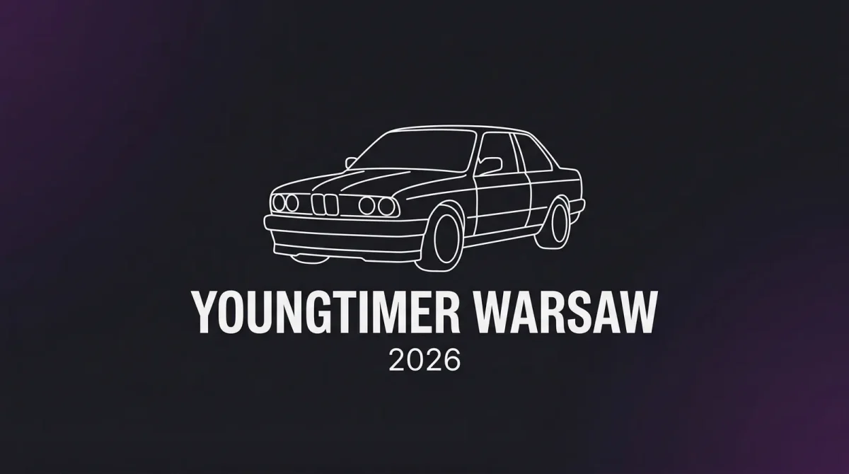 Minimalistyczna ilustracja eventowa Youngtimer Warsaw 2026 — sylwetka youngtimera na ciemnym tle