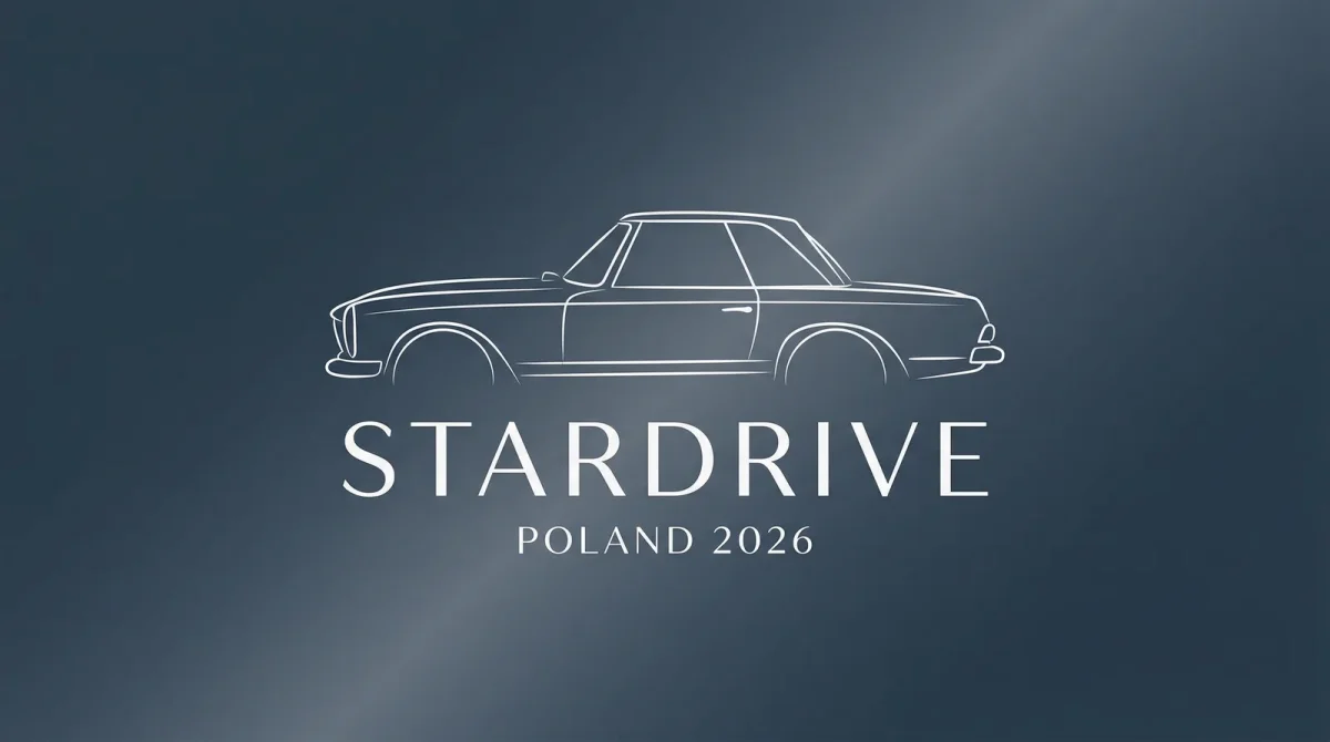 Minimalistyczna ilustracja eventowa StarDrive Poland 2026 — sylwetka Mercedesa W113 Pagoda na srebrno-niebieskim tle