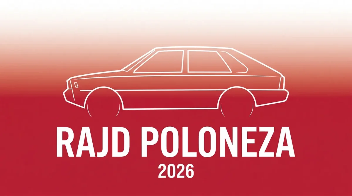 Minimalistyczna ilustracja eventowa Rajd Poloneza 2026 — sylwetka FSO Polonez na tle barw narodowych
