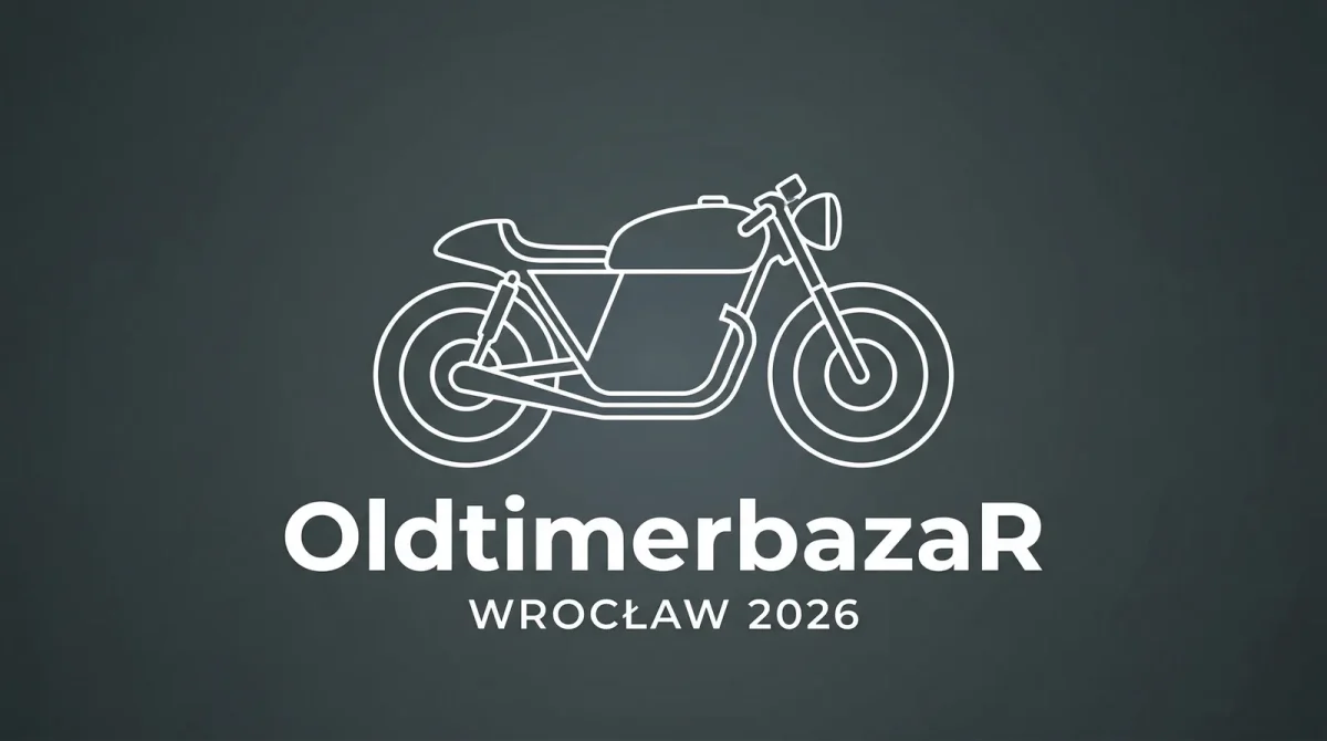 Minimalistyczna ilustracja eventowa OldtimerbazaR Wrocław 2026 — sylwetka klasycznego motocykla na stalowym tle z nazwą wydarzenia