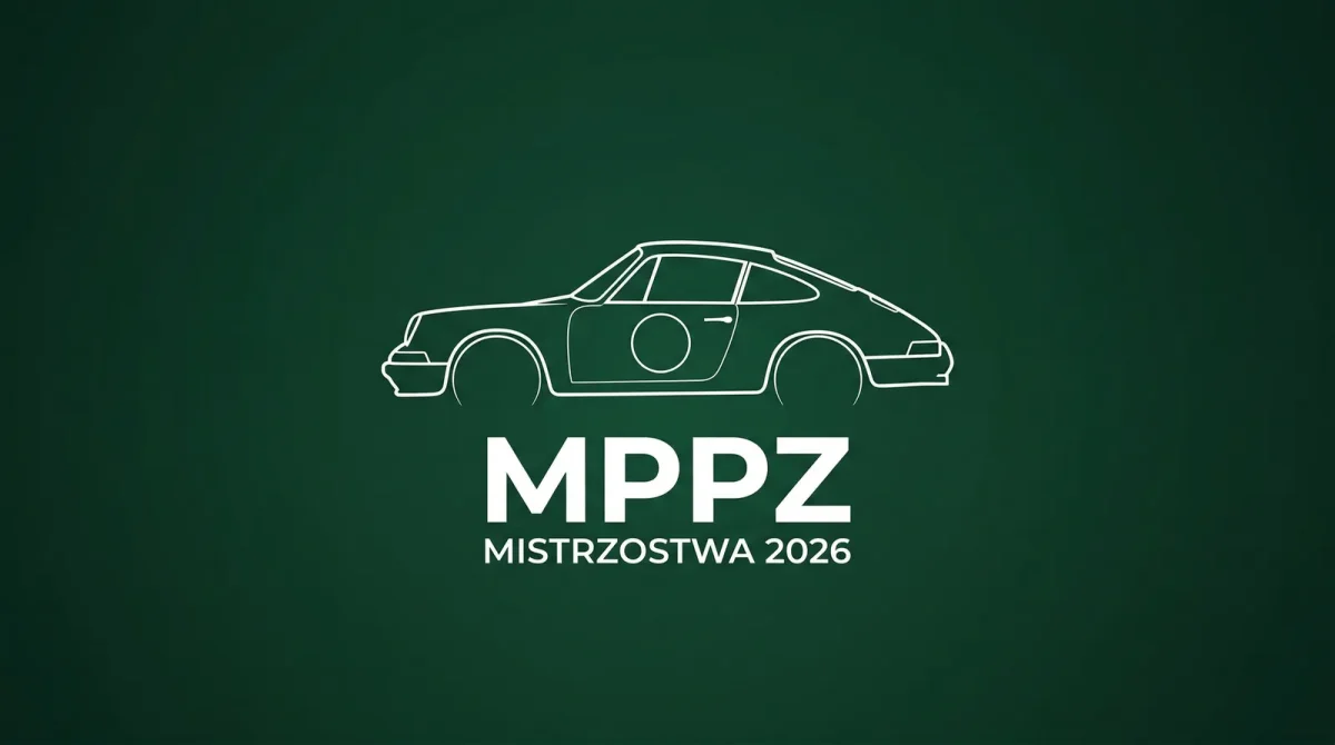 Minimalistyczna ilustracja eventowa MPPZ 2026 — sylwetka rajdowego klasyka na zielonym tle