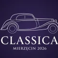 Minimalistyczna ilustracja eventowa Classica Mierzecin 2026 — sylwetka przedwojennego klasyka na fioletowym tle