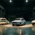 Trzy generacje Wartburga w hali ekspozycyjnej — od lewej: elegancki 311 z lat pięćdziesiątych, kanciasty 353 z lat siedemdziesiątych i ostatni 1.3 z przełomu lat osiemdziesiątych i dziewięćdziesiątych