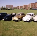Pięć historycznych Volkswagenów Garbusów w rzędzie na trawie przed fabryką w Wolfsburgu — roczniki od 1938 do 1976.