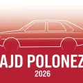 Minimalistyczna ilustracja eventowa Rajd Poloneza 2026 — sylwetka FSO Polonez na tle barw narodowych