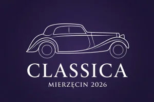 Minimalistyczna ilustracja eventowa Classica Mierzecin 2026 — sylwetka przedwojennego klasyka na fioletowym tle