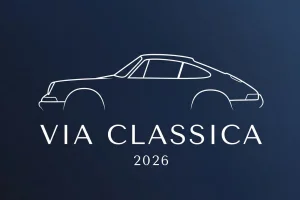 Minimalistyczna ilustracja eventowa VIA Classica 2026 — sylwetka klasycznego samochodu sportowego na ciemnym tle z nazwą wydarzenia