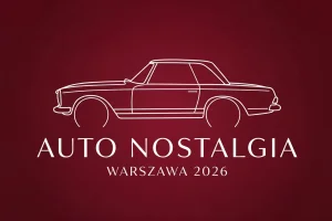 Minimalistyczna ilustracja eventowa Auto Nostalgia Warszawa 2026 — sylwetka klasycznego sedana na burgundowym tle z nazwą wydarzenia