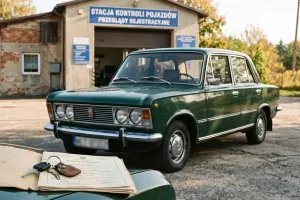 Zielony Fiat 125p przed stacją kontroli pojazdów — na błotniku karta pojazdu i kluczyki. Rachunek za żółte tablice zaczyna się jeszcze przed badaniem.