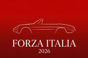 Minimalistyczna ilustracja eventowa Forza Italia 2026 — sylwetka wloskiego kabrioletu na czerwonym tle