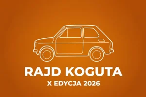 Minimalistyczna ilustracja eventowa Rajd Koguta X edycja 2026 — sylwetka Fiata 126p na pomaranczowym tle