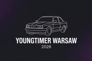 Minimalistyczna ilustracja eventowa Youngtimer Warsaw 2026 — sylwetka youngtimera na ciemnym tle