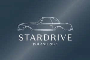 Minimalistyczna ilustracja eventowa StarDrive Poland 2026 — sylwetka Mercedesa W113 Pagoda na srebrno-niebieskim tle