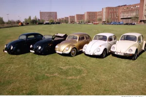 Pięć historycznych Volkswagenów Garbusów w rzędzie na trawie przed fabryką w Wolfsburgu — roczniki od 1938 do 1976.