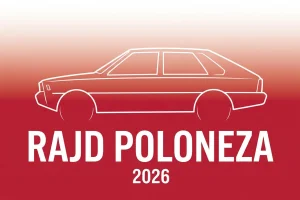 Minimalistyczna ilustracja eventowa Rajd Poloneza 2026 — sylwetka FSO Polonez na tle barw narodowych