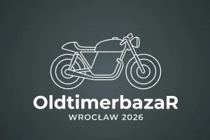 Minimalistyczna ilustracja eventowa OldtimerbazaR Wrocław 2026 — sylwetka klasycznego motocykla na stalowym tle z nazwą wydarzenia