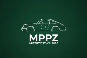 Minimalistyczna ilustracja eventowa MPPZ 2026 — sylwetka rajdowego klasyka na zielonym tle