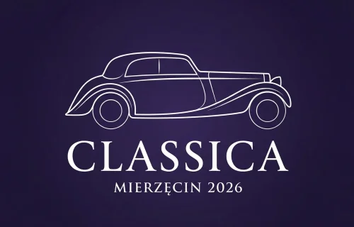 Minimalistyczna ilustracja eventowa Classica Mierzecin 2026 — sylwetka przedwojennego klasyka na fioletowym tle