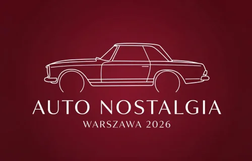 Minimalistyczna ilustracja eventowa Auto Nostalgia Warszawa 2026 — sylwetka klasycznego sedana na burgundowym tle z nazwą wydarzenia