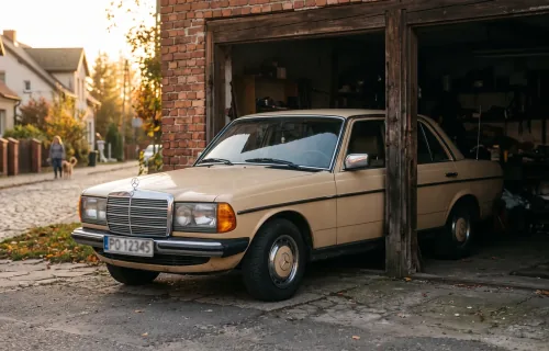 Beżowy Mercedes W123 w progu garażu — pół w słońcu, pół w cieniu. Decyzja o żółtych tablicach wygląda dokładnie tak.