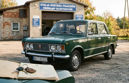 Zielony Fiat 125p przed stacją kontroli pojazdów — na błotniku karta pojazdu i kluczyki. Rachunek za żółte tablice zaczyna się jeszcze przed badaniem.