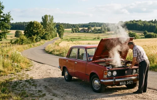 Fiat 125p na poboczu z otwartą maską — scena, którą zna każdy właściciel klasyka