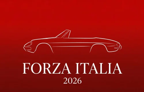 Minimalistyczna ilustracja eventowa Forza Italia 2026 — sylwetka wloskiego kabrioletu na czerwonym tle