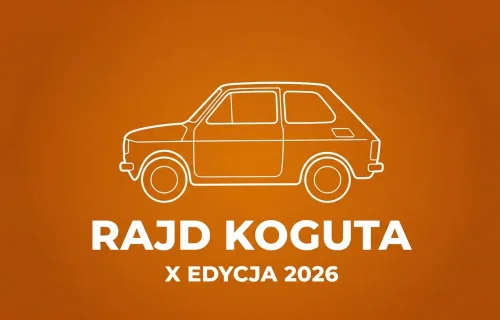 Minimalistyczna ilustracja eventowa Rajd Koguta X edycja 2026 — sylwetka Fiata 126p na pomaranczowym tle