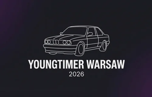 Minimalistyczna ilustracja eventowa Youngtimer Warsaw 2026 — sylwetka youngtimera na ciemnym tle