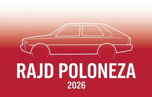 Minimalistyczna ilustracja eventowa Rajd Poloneza 2026 — sylwetka FSO Polonez na tle barw narodowych