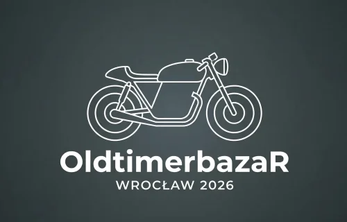 Minimalistyczna ilustracja eventowa OldtimerbazaR Wrocław 2026 — sylwetka klasycznego motocykla na stalowym tle z nazwą wydarzenia