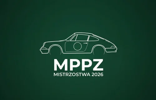 Minimalistyczna ilustracja eventowa MPPZ 2026 — sylwetka rajdowego klasyka na zielonym tle