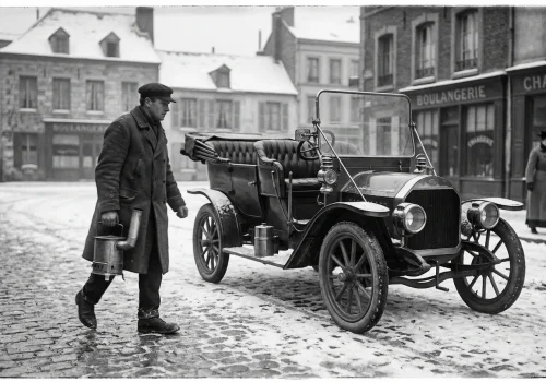 Początek XX wieku. Kierowca niesie blaszany koksownik z rozżarzonym węglem do samochodu — tak wyglądało ogrzewanie kabiny, zanim ktoś wymyślił coś lepszego. Ilustracja wygenerowana przez AI