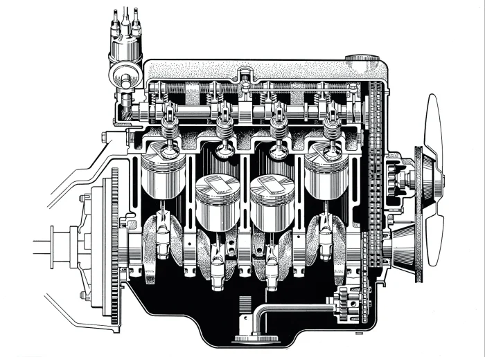 Przekrój silnika czterocylindrowego BMW 1500 — rysunek techniczny