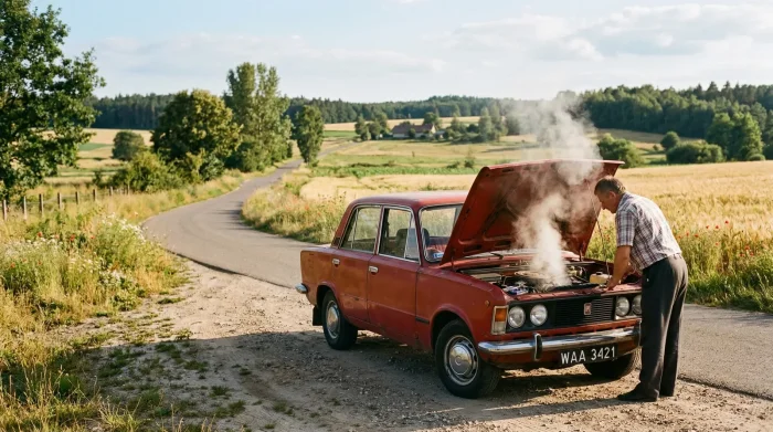 Fiat 125p na poboczu z otwartą maską — scena, którą zna każdy właściciel klasyka