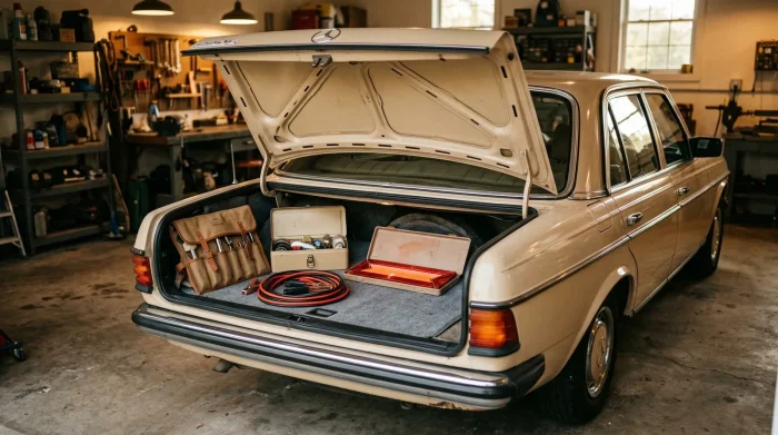 Porządnie ułożony bagażnik Mercedesa W123 — kanister, narzędzia, płyny