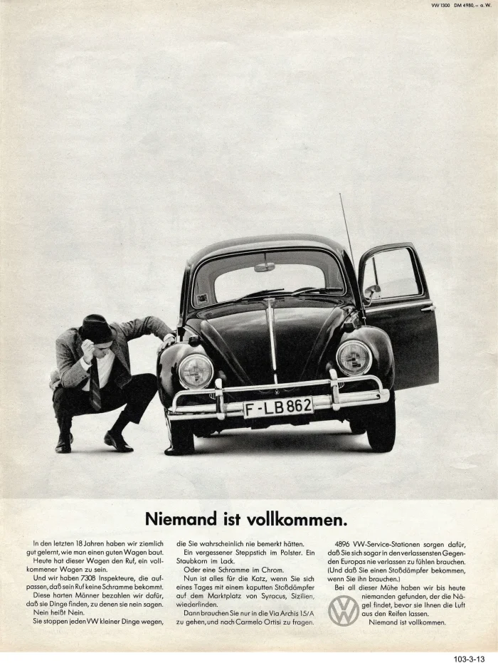 „Niemand ist vollkommen” — nikt nie jest doskonały. Niemiecka odsłona kampanii, która z fabrycznej kontroli jakości zrobiła najlepszą reklamę Garbusa.