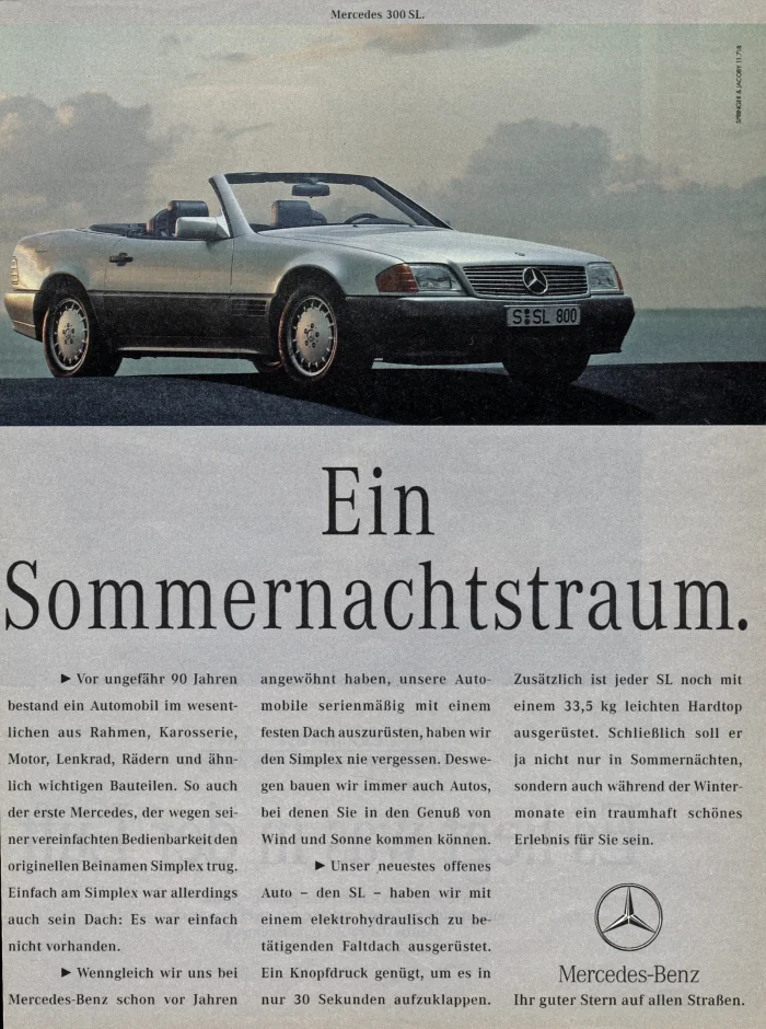 Reklama prasowa Mercedesa z 1991 roku, dwa lata po premierze R129. Hasło „SL - sportowy luksus