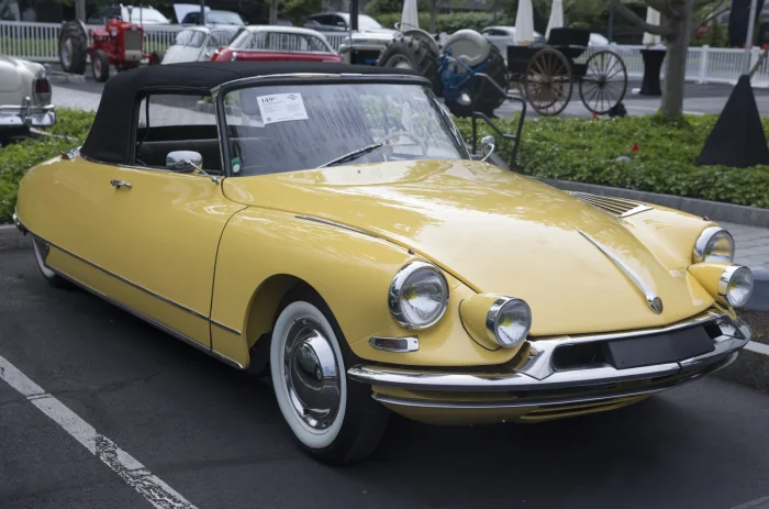 Kabriolet DS 19 w kolorze Jaune Panama, z odslonietymi reflektorami sprzed liftingu. Dach scial boginii paryski karoser Henri Chapron - fabrycznych egzemplarzy powstalo niespelna 1400. Dzis najrzadsza i najdrozsza z odmian.