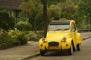 Żółty Citroën 2CV z holenderską żółtą tablicą rejestracyjną (znak NL) zaparkowany przy uliczce wśród zieleni
