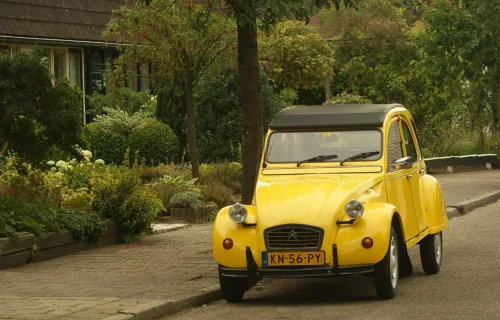 Żółty Citroën 2CV z holenderską żółtą tablicą rejestracyjną (znak NL) zaparkowany przy uliczce wśród zieleni