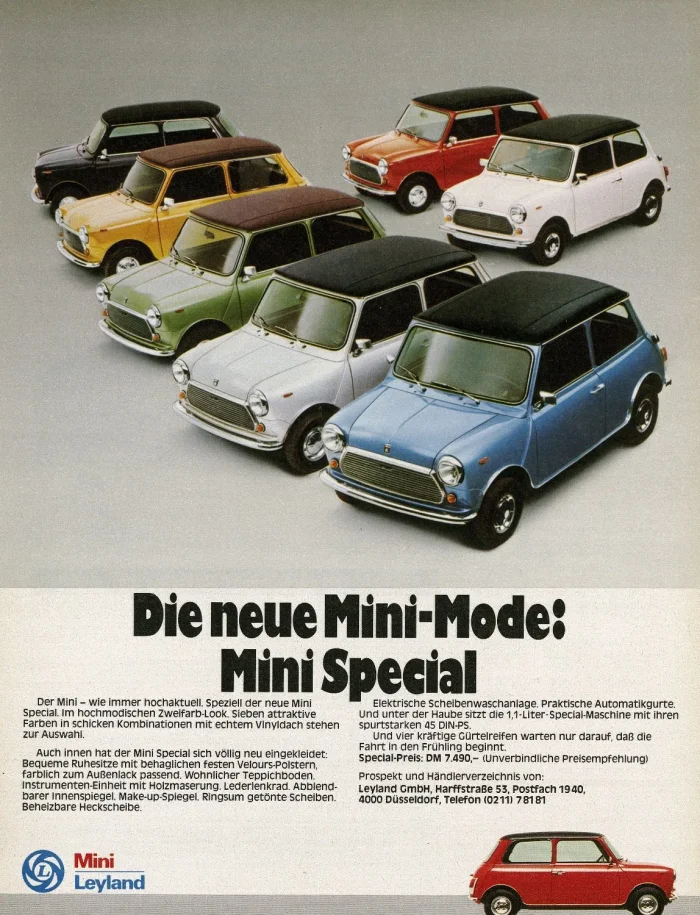 Reklama Leylanda z 1977 roku sprzedaje Mini jako modę, nie jako samochód: siedem kolorów, winylowy dach i cena 7490 marek.